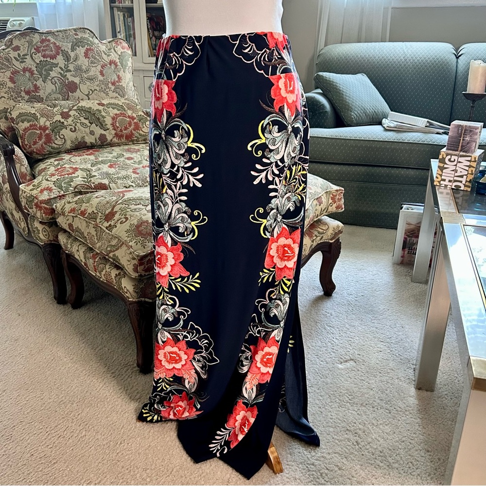 Coco Bianco Blue Orange Floral Stretch Skirt with Slit Size L